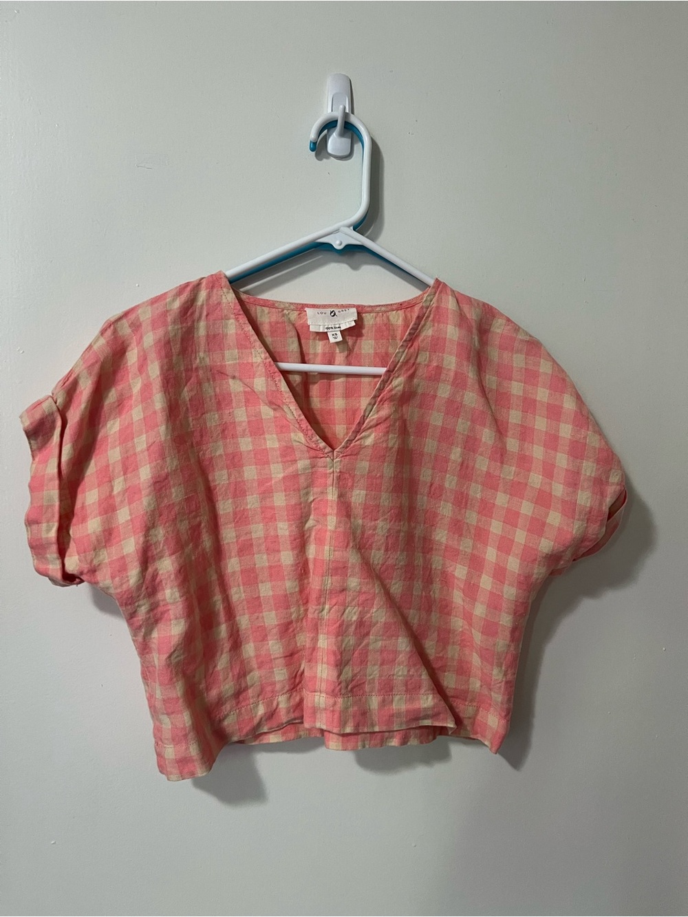 Lou & Grey Pink and Cream Gingham V-Neck Crop Top